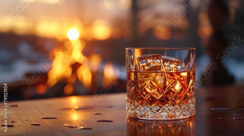 Whiskey neat, single malt, in a crystal glass, fireside setting