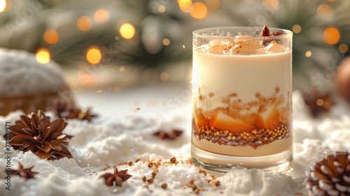 White Russian, creamy layers, in a lowball glass, cozy winter evening photo