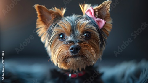 Yorkshire Terrier with stylish grooming, pink bow, chic photo