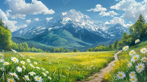 Mountain Landscape With Daisies