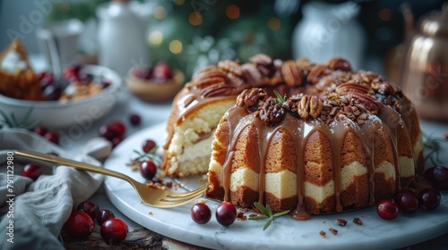   A Bundt cake sits atop a pristine white plate Nearby, a bowl holds cranberries and pecans photo