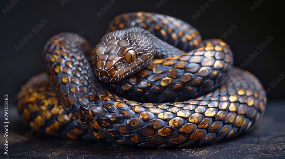 A snake is curled up on a black surface A snake is curled up on a black surface