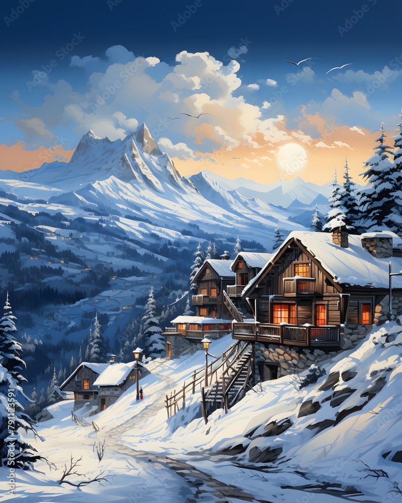 Winter landscape with snowy mountains and wooden houses in the foreground. Digital painting.