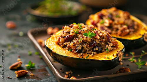 Baked acorn squash halves filled with a savory stuffing of quinoa, cranberries, and pecans