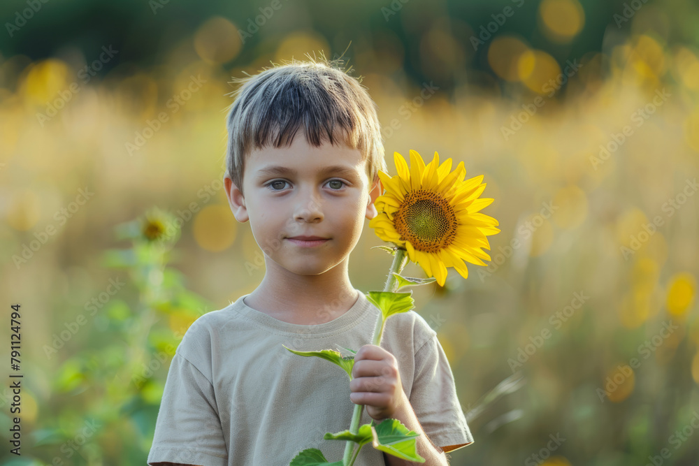 Cheerful child boy holds a big yellow sunflower. Generative AI Cheerful child boy holds a big yellow sunflower. Generative AI
