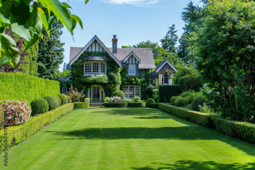 House with english style garden. Large open green lawn. Generative AI House with english style garden. Large open green lawn. Generative AI