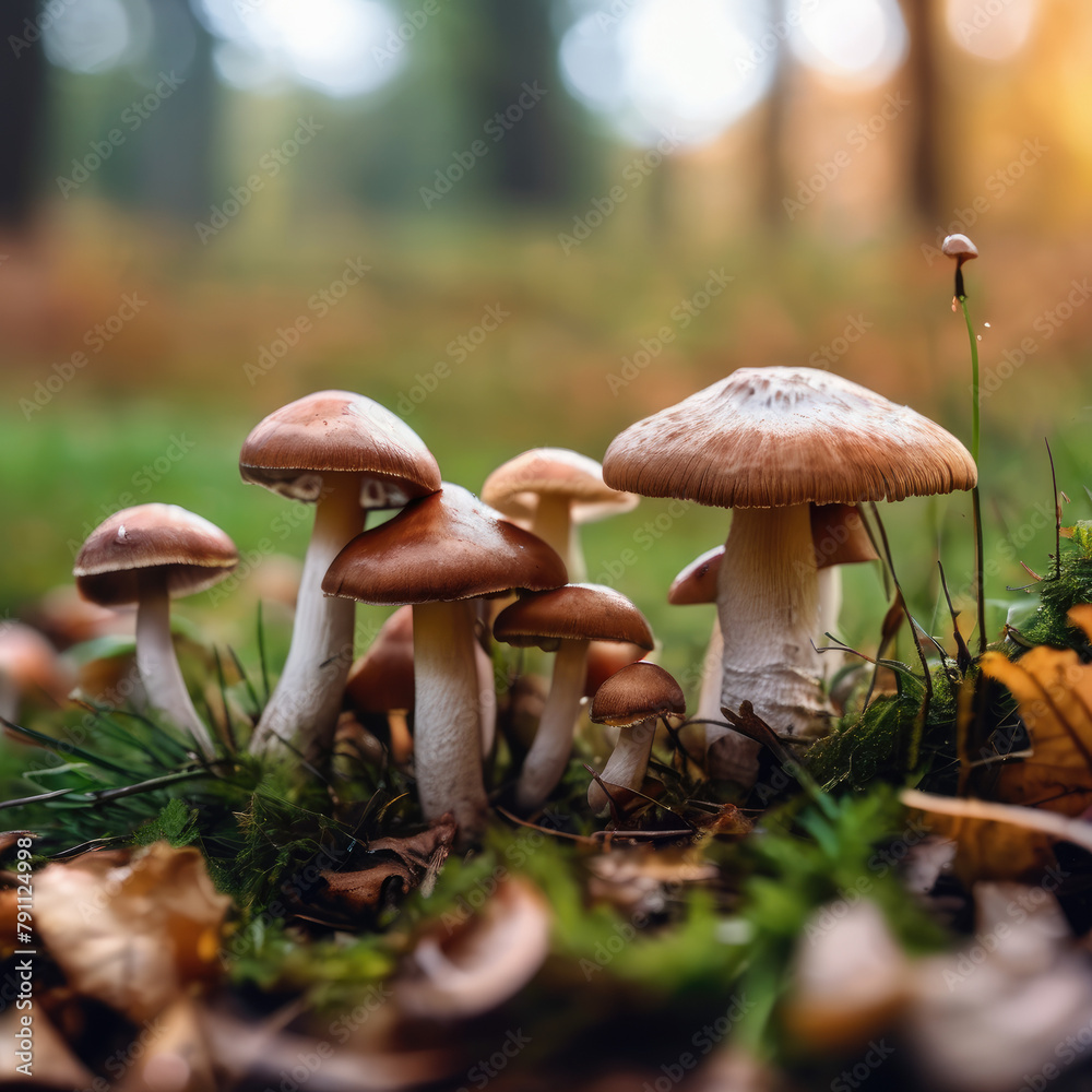 Cluster of Wild Mushrooms Thriving on a Forest Floor in Golden Autumn Light Cluster of Wild Mushrooms Thriving on a Forest Floor in Golden Autumn Light