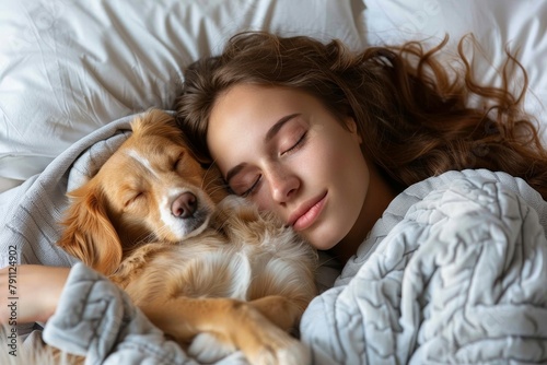 Intimate scene of a woman and her pet dog sleeping together, showcasing comfort and companionship