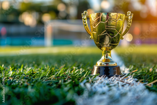 Gold trophy on the background of a football field. Generative AI