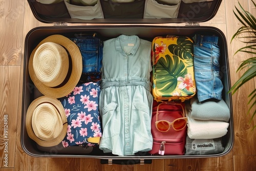 View of an open suitcase showing a tidily packed selection of clothes and travel items for a trip photo