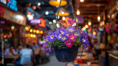   A blue hanging planter, brimming with purple and white blossoms, graces a restaurant patio at night People occupy tables in the background photo