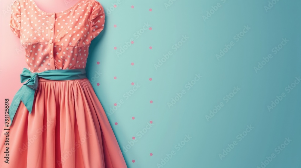 Polka dot dress with belt on dual-tone background