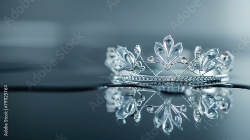 Elegant silver tiara resting on reflective surface with gray background photo