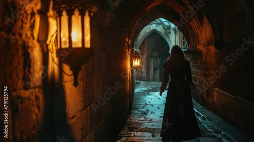 Person in cloak walking through old, dimly lit stone corridor at night