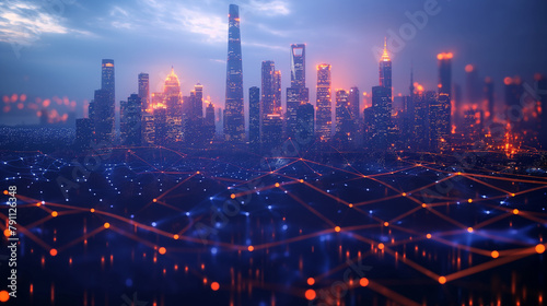 Digital city concept. Blue abstract background. Digital technology. Metaverse, Cyberspace, Internet network connection, big data, digital marketing, IoT internet of things