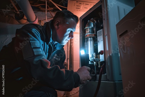 Technician Looking Over A Gas Furnace