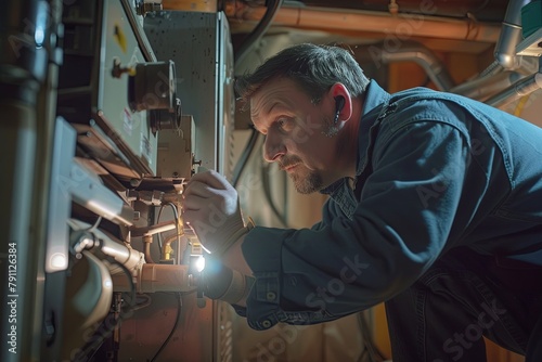Technician Looking Over A Gas Furnace