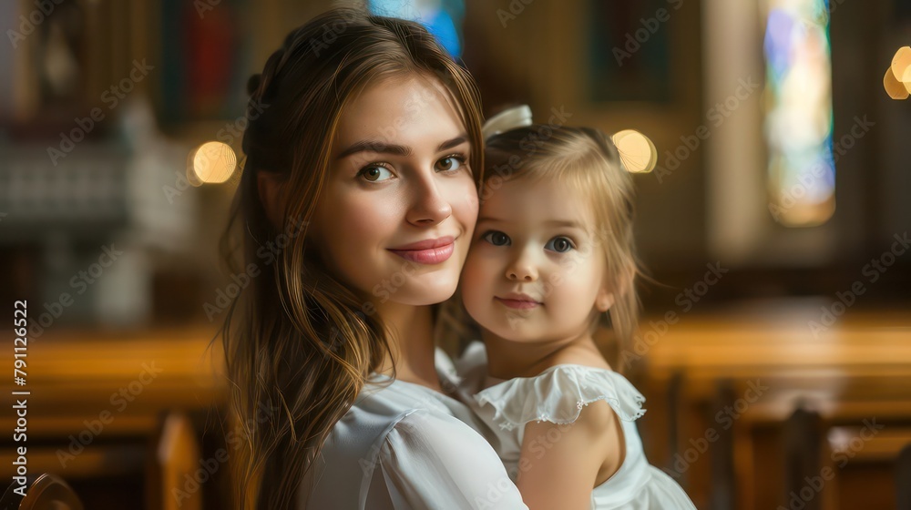 Beautiful young mother with her little daughter in the church. Happy family Beautiful young mother with her little daughter in the church. Happy family