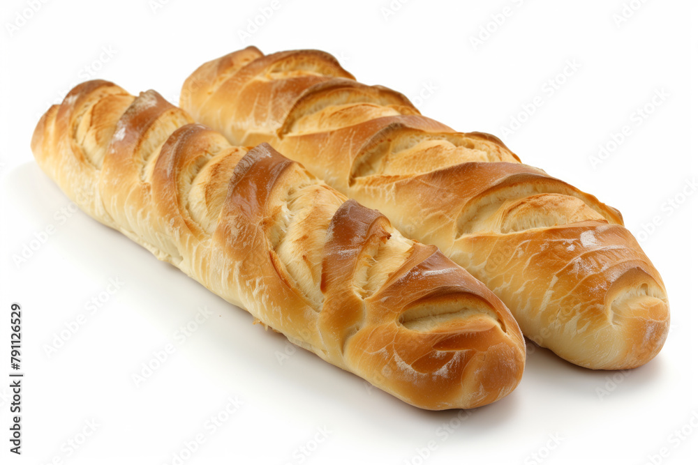 Two long French baguette breads isolated on a white background with a clipping path