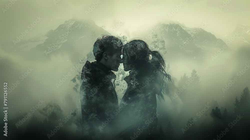 A couple kissing in an embrace in front of a mountain panorama.
