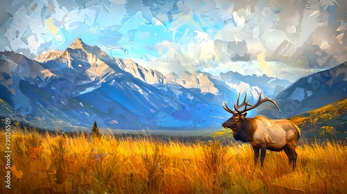 Majestic Elk in a Vibrant Mountain Landscape. A Natural Scene Depicting Tranquility. Perfect for Backgrounds and Wallpapers. AI