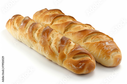 Two long French baguette breads isolated on a white background with a clipping path