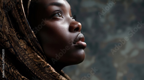 Biblical character. Close up portrait of a black woman with a shawl looking up photo