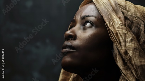 Biblical character. Close up portrait of a black woman with a shawl looking up
