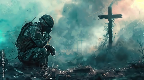 Christian soldier praying with cross in the background. Christian concept. Digital painting photo