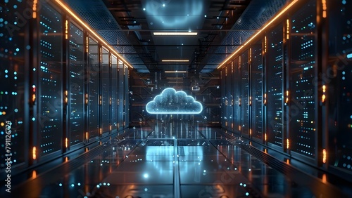 Cloud computing server setup with hybrid technology infrastructure in the background. Concept Cloud Computing, Hybrid Technology Infrastructure, Server Setup, IT Environment, Data Management photo