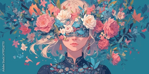 A floral blindfolded woman, featuring an elegant and colorful composition with vibrant flowers swirling around her head, and a stylish eye mask covering her eyes.