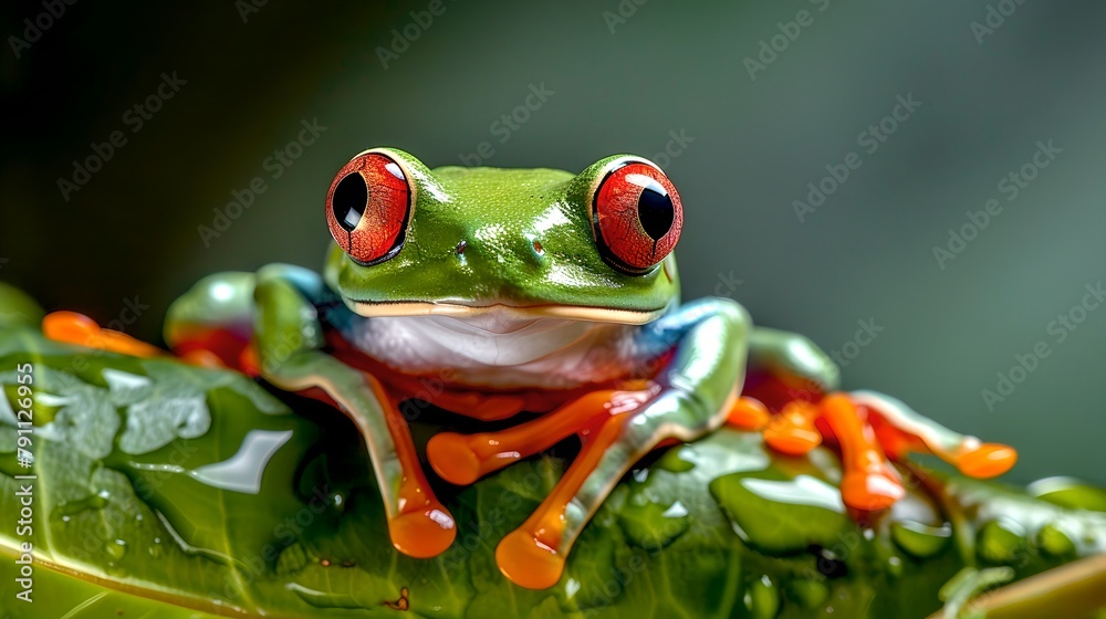 Obraz premium Vibrant Red-Eyed Tree Frog Perched on a Leaf, Close-up Shot Capturing Nature's Detail. Ideal for Educational and Environmental Themes. AI