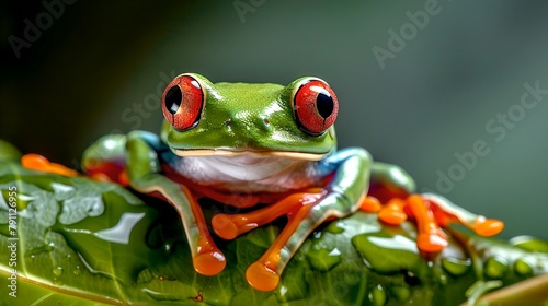 Vibrant Red-Eyed Tree Frog Perched on a Leaf, Close-up Shot Capturing Nature's Detail. Ideal for Educational and Environmental Themes. AI