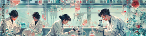 Scientists in lab coats conducting experiments with colorful liquids in a well-equipped laboratory