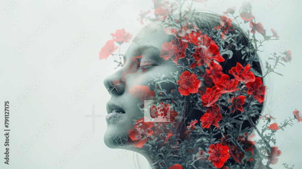 Double exposure of woman face and red flowers in her hair. Cross with flowers on the background