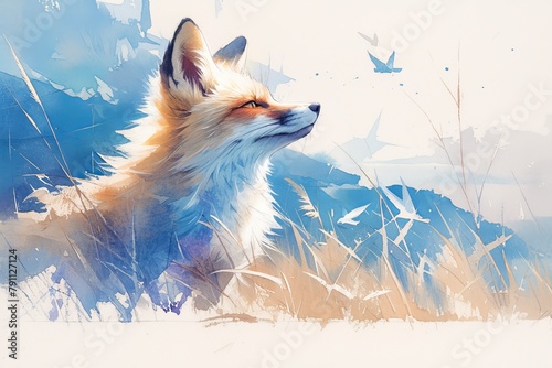 A watercolor painting of an elegant fox, its fur shimmering in vibrant colors against the white background. The fox's head is turned to one side