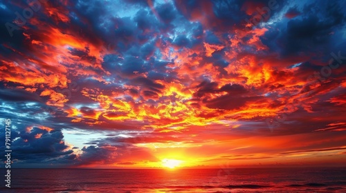 A sunset over the ocean with a bright orange sky, AI