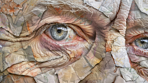 A digital composite art piece highlighting the juxtaposition of aged skin textures with clear, vivid eyes
