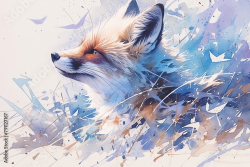 A watercolor painting of an elegant fox, its fur shimmering in vibrant colors against the white background. The fox's head is turned to one side as it gazes into the distance