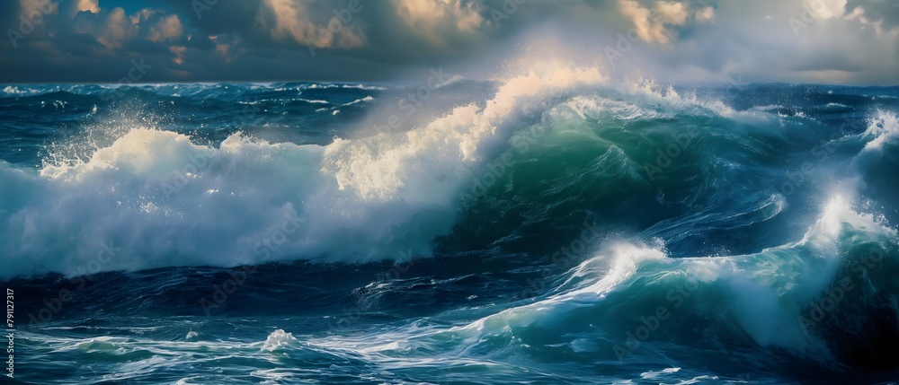Große blaue Welle auf dem Meer, Funkelnde brechende Welle, Banner Welle