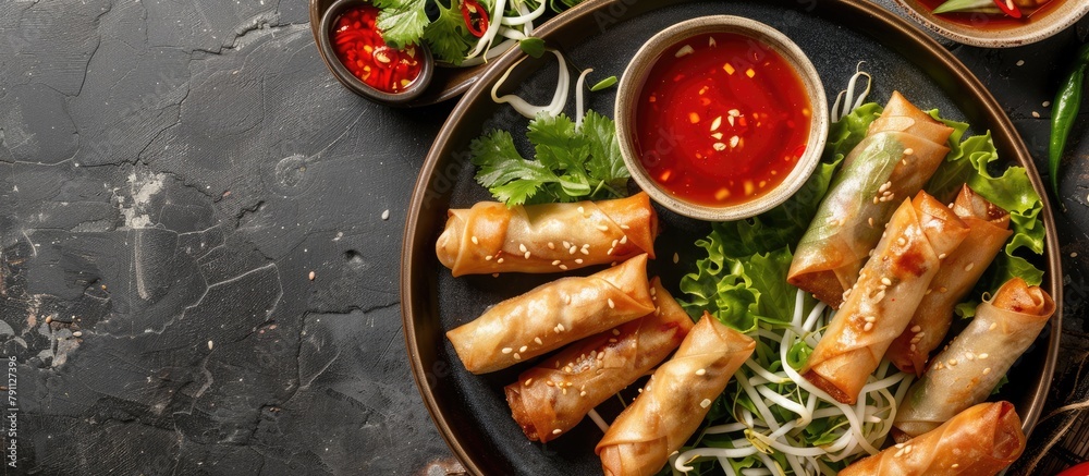 A dish of spring rolls accompanied by sweet chili dipping sauce. A dish of spring rolls accompanied by sweet chili dipping sauce.