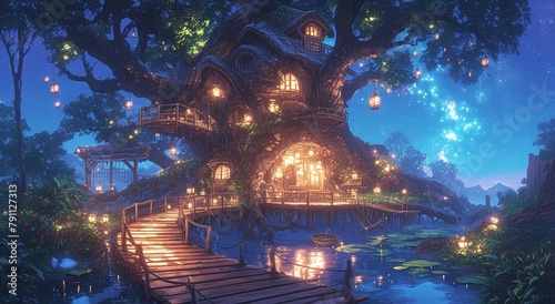 A whimsical treehouse nestled in the branches of an ancient oak  surrounded by twinkling fairy lights and vibrant colors.