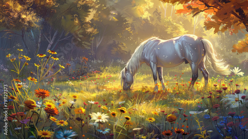 A white horse peacefully grazes among a vibrant field of colorful flowers under the bright sun