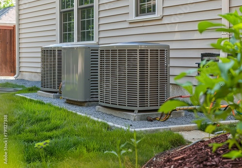 Heat pump units with an outdoor air circulation system in front of the house. An eco air source heat pump installed on the terrace of a residential building