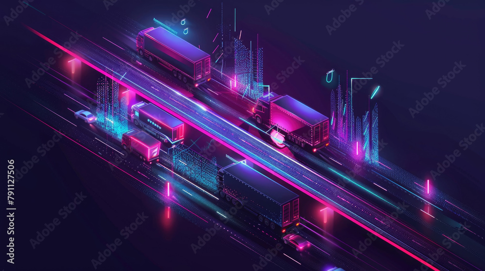 A vivid depiction of autonomous trucks speeding on a future expressway, illuminated by vibrant neon lights under a dark sky A vivid depiction of autonomous trucks speeding on a future expressway, illuminated by vibrant neon lights under a dark sky