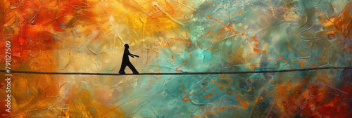 A painting showing a person confidently walking on a narrow wire, showcasing balance and focus
