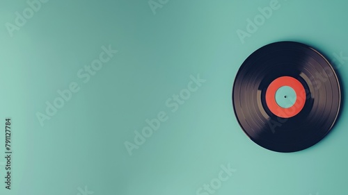 Black vinyl record on teal background, top view photo