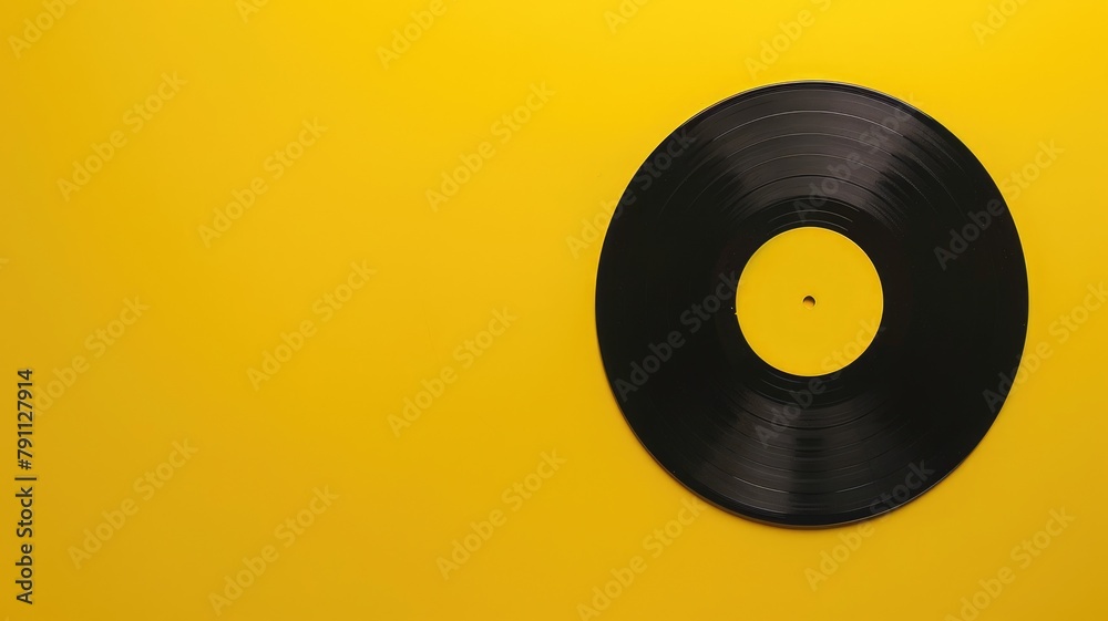 Black vinyl record on vibrant yellow background Black vinyl record on vibrant yellow background