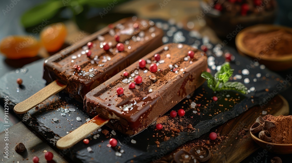 A couple of ice cream scoops on a cutting board, nearby is a bowl of powdered sugar A couple of ice cream scoops on a cutting board, nearby is a bowl of powdered sugar