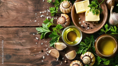 Snails, garlic, and herbs on wooden surface, suggesting ingredients for dish photo